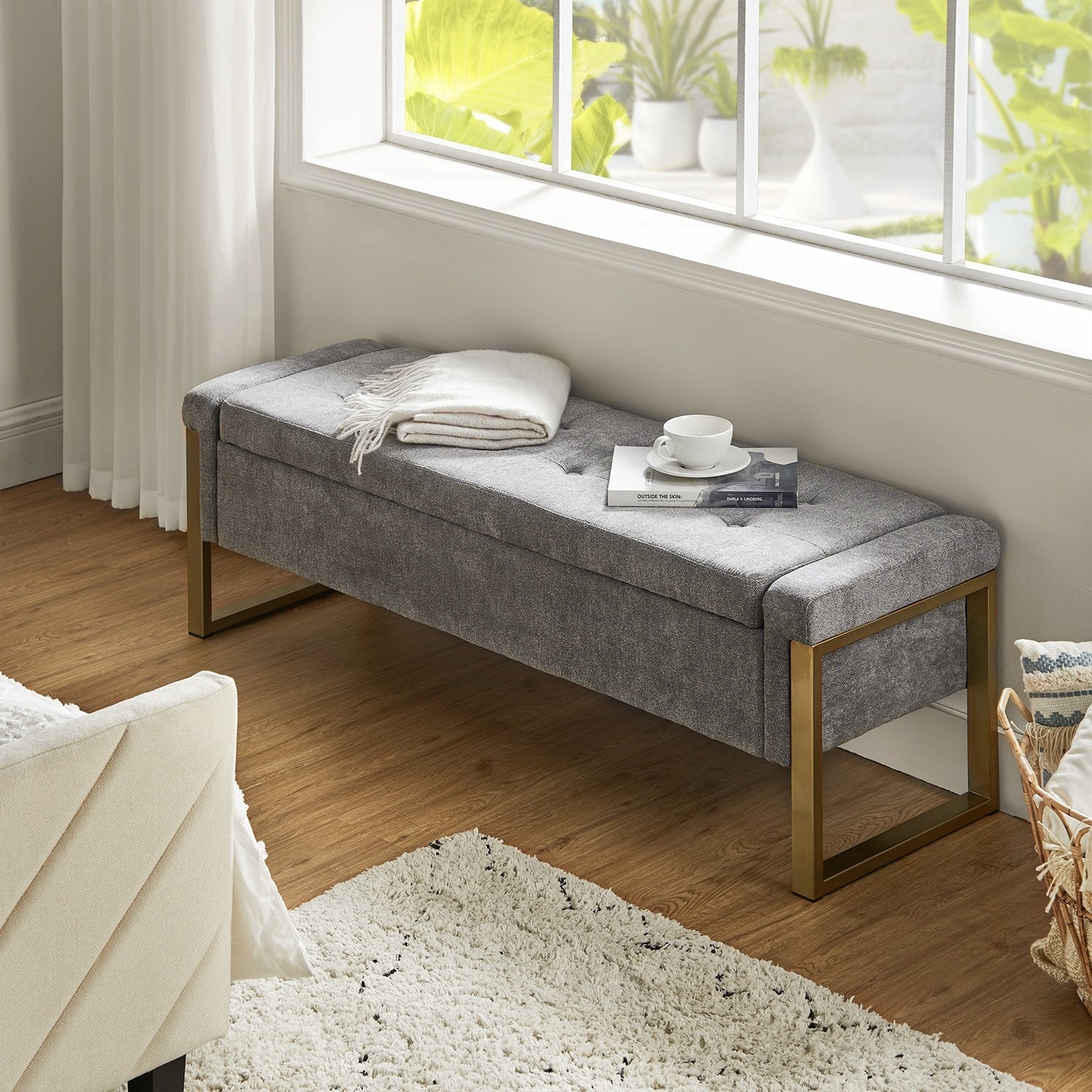 Alina Modern Upholstered Flip Top Storage Bench with Metal Legs by HULALA HOME