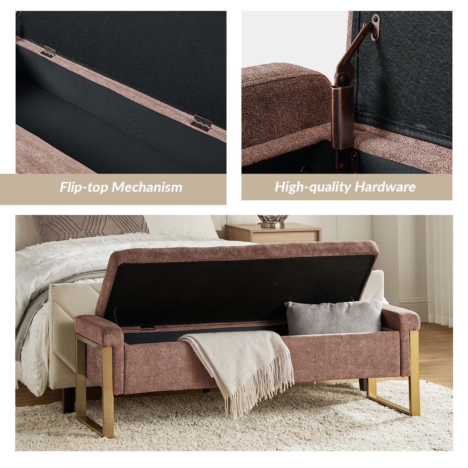 Alina Modern Upholstered Flip Top Storage Bench with Metal Legs by HULALA HOME