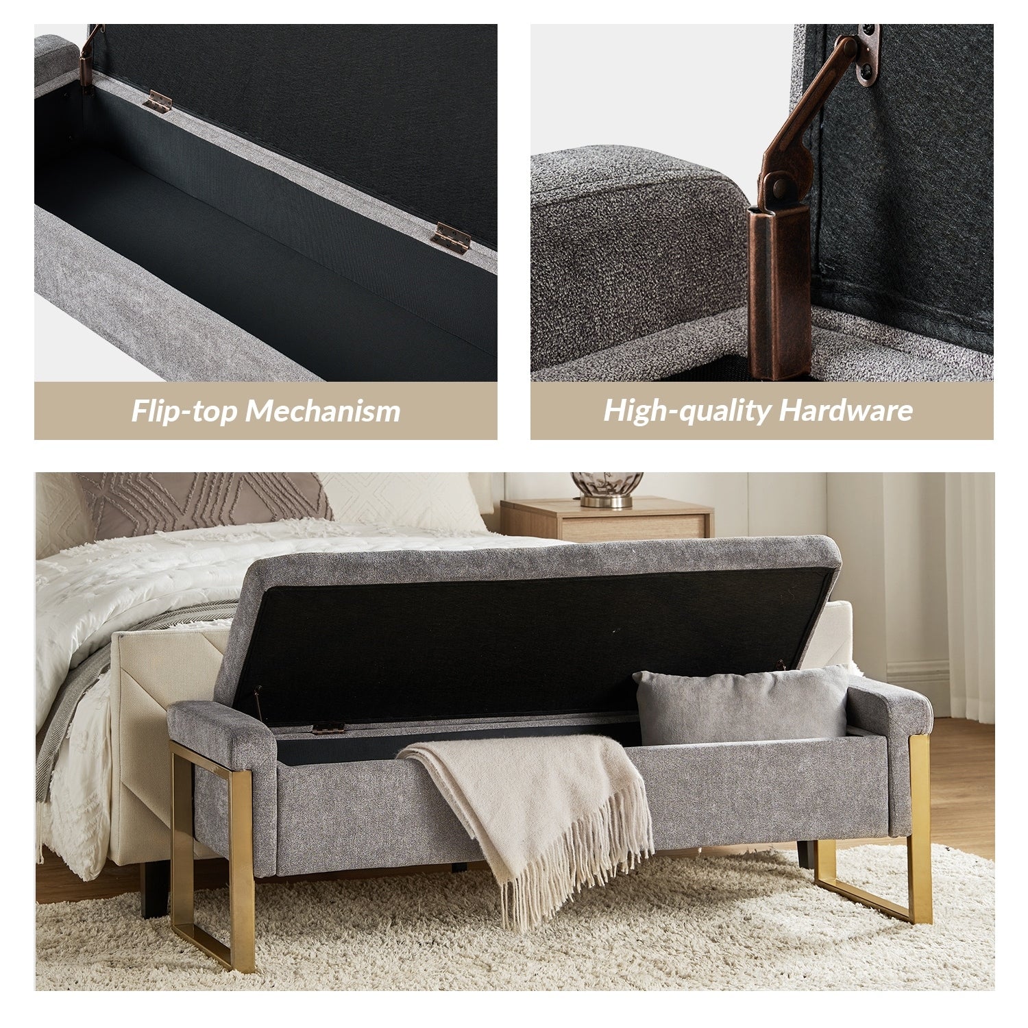 Alina Modern Upholstered Flip Top Storage Bench with Metal Legs by HULALA HOME