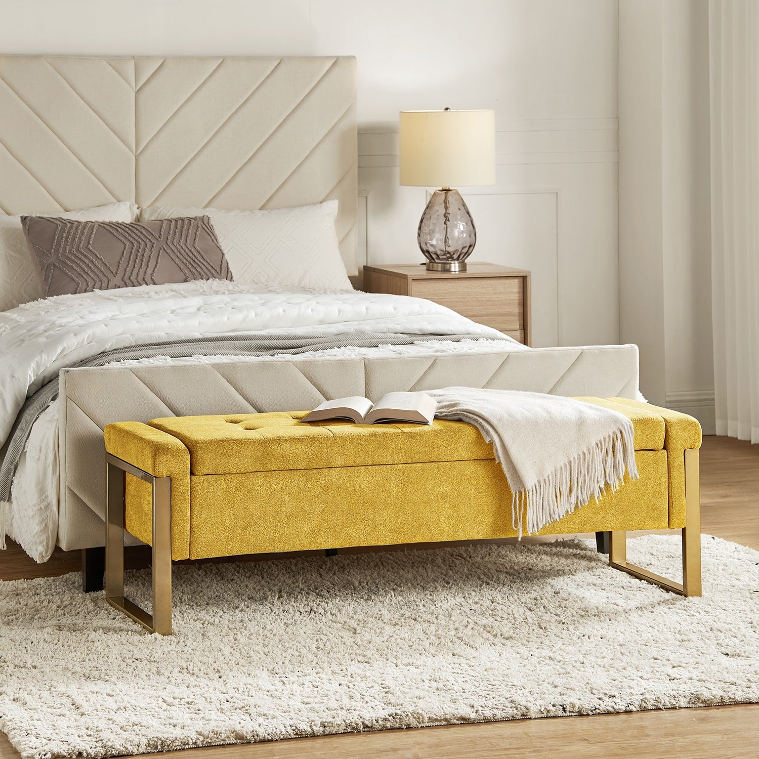 Alina Modern Upholstered Flip Top Storage Bench with Metal Legs by HULALA HOME