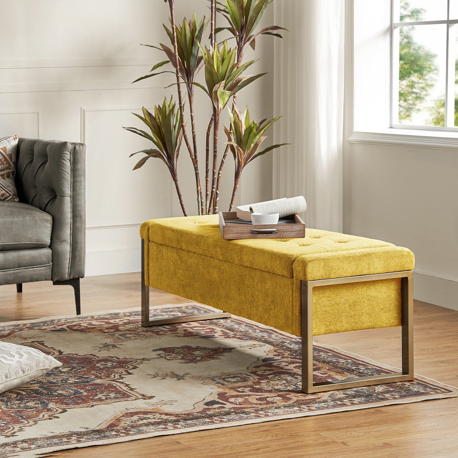 Alina Modern Upholstered Flip Top Storage Bench with Metal Legs by HULALA HOME