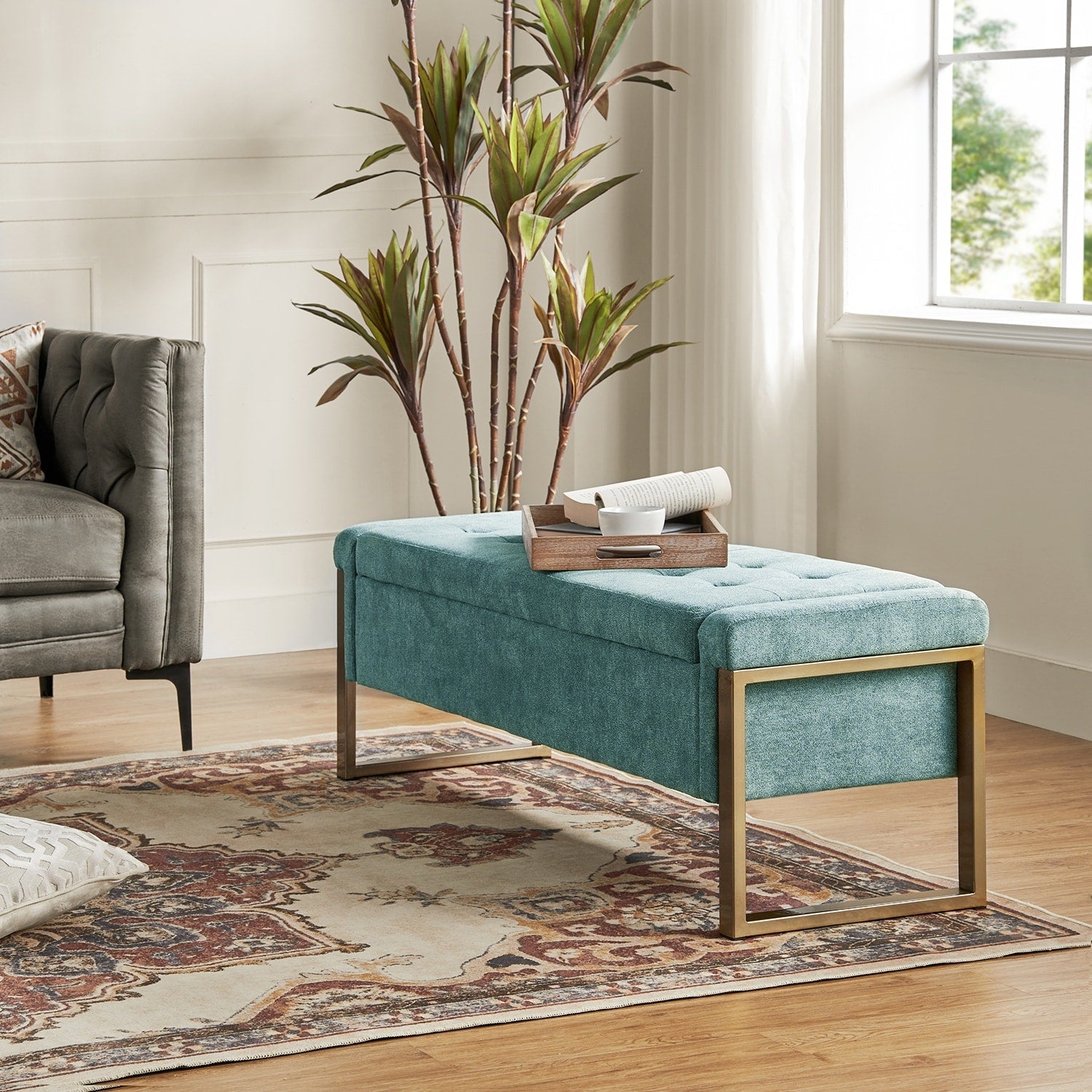 Alina Modern Upholstered Flip Top Storage Bench with Metal Legs by HULALA HOME