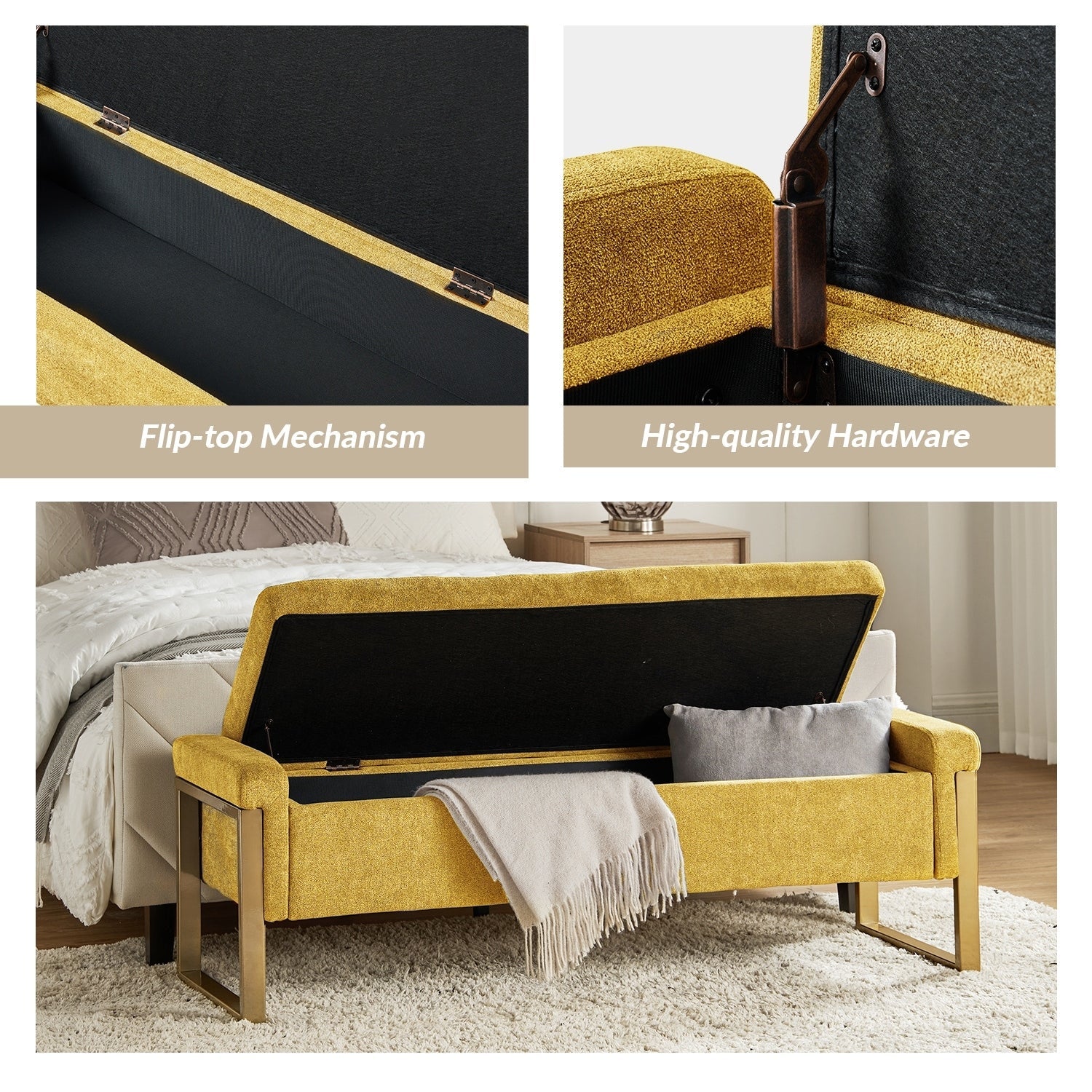 Alina Modern Upholstered Flip Top Storage Bench with Metal Legs by HULALA HOME
