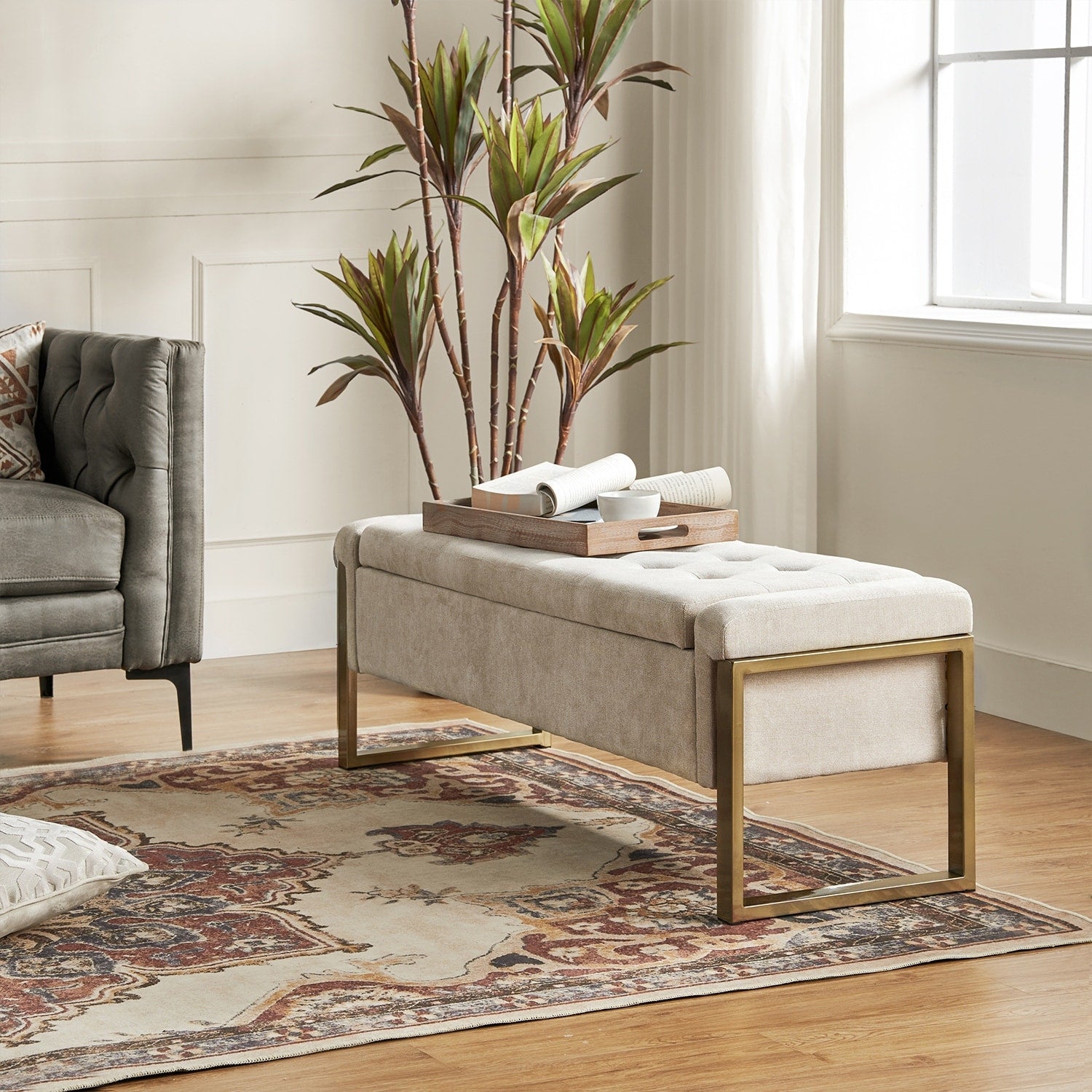 Alina Modern Upholstered Flip Top Storage Bench with Metal Legs by HULALA HOME