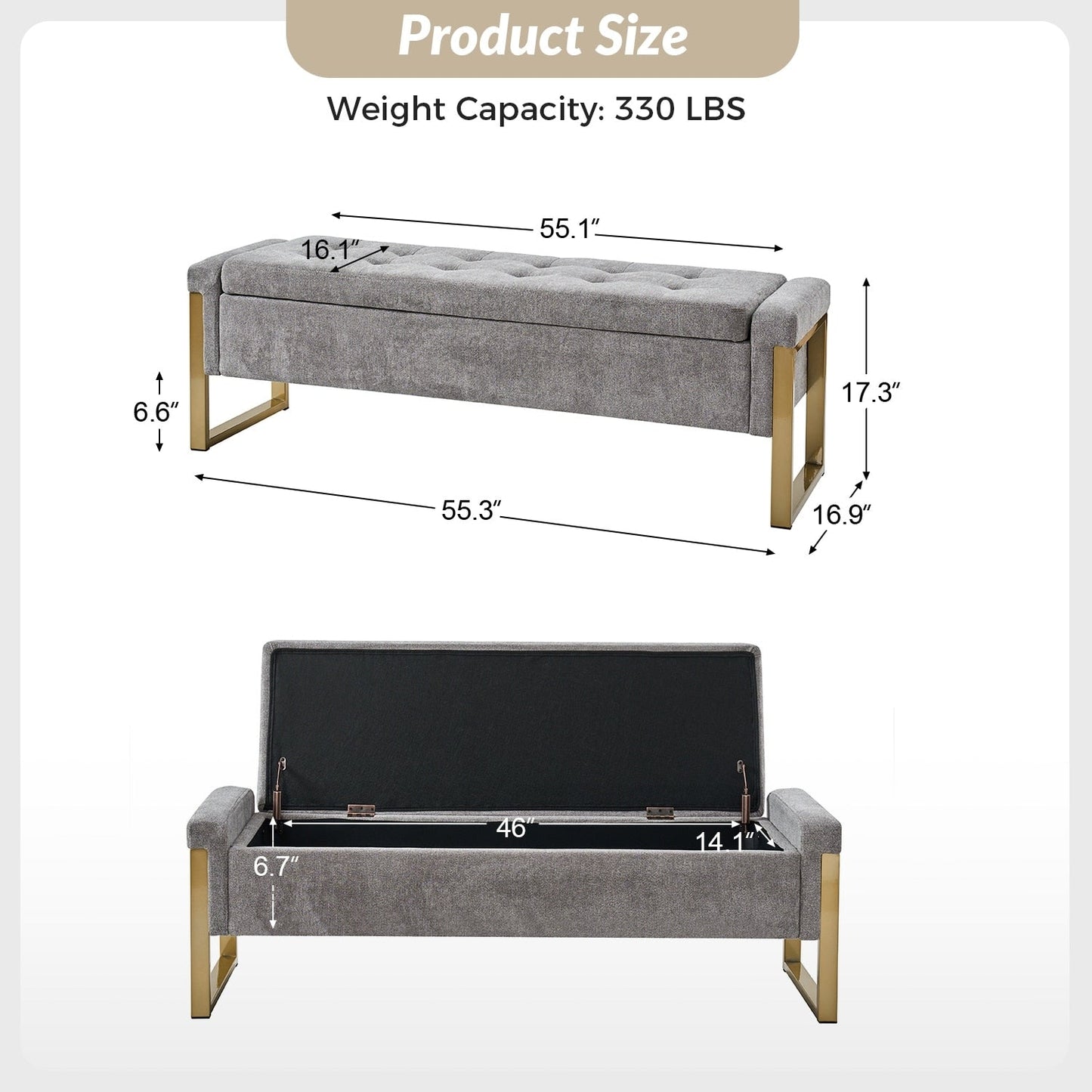 Banc de rangement moderne rembourré Alina avec pieds en métal par HULALA HOME