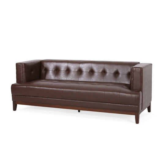 Canapé Alio, 3 places, 205 cm, accoudoirs style smoking, similicuir marron capitonné