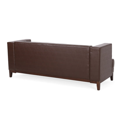 Canapé Alio, 3 places, 205 cm, accoudoirs style smoking, similicuir marron capitonné