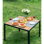Ensemble de salle à manger de patio 5 pièces toutes saisons, plateau en bois d'acacia avec trou pour parasol, ensemble de conversation d'extérieur en rotin