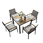 Ensemble de salle à manger de patio 5 pièces toutes saisons, plateau en bois d'acacia avec trou pour parasol, ensemble de conversation d'extérieur en rotin