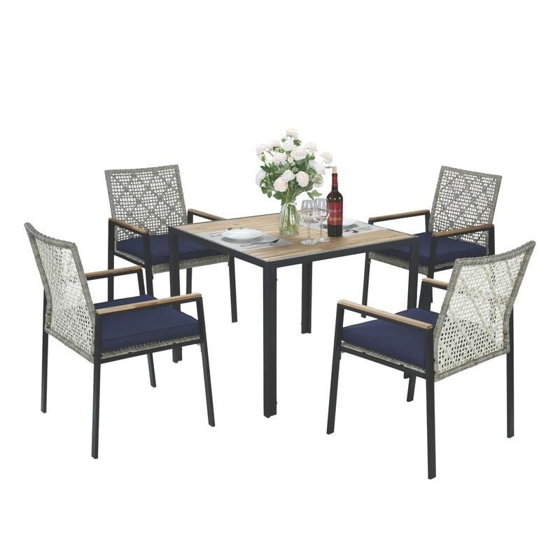 Ensemble de salle à manger de patio 5 pièces toutes saisons, plateau en bois d'acacia avec trou pour parasol, ensemble de conversation d'extérieur en rotin