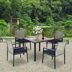 Ensemble de salle à manger de patio 5 pièces toutes saisons, plateau en bois d'acacia avec trou pour parasol, ensemble de conversation d'extérieur en rotin