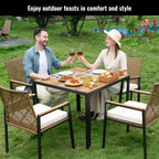 Ensemble de salle à manger de patio 5 pièces toutes saisons, plateau en bois d'acacia avec trou pour parasol, ensemble de conversation d'extérieur en rotin