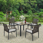 Ensemble de salle à manger de patio 5 pièces toutes saisons, plateau en bois d'acacia avec trou pour parasol, ensemble de conversation d'extérieur en rotin