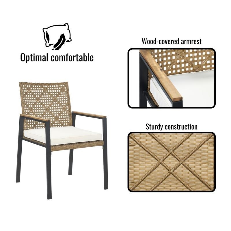 Ensemble de salle à manger de patio 5 pièces toutes saisons, plateau en bois d'acacia avec trou pour parasol, ensemble de conversation d'extérieur en rotin
