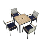 Ensemble de salle à manger de patio 5 pièces toutes saisons, plateau en bois d'acacia avec trou pour parasol, ensemble de conversation d'extérieur en rotin