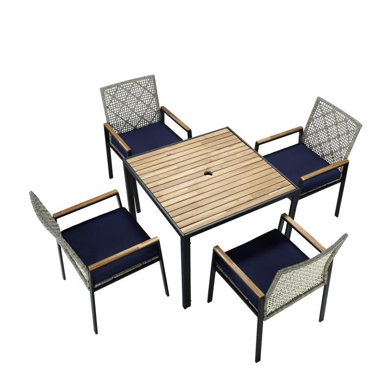 Ensemble de salle à manger de patio 5 pièces toutes saisons, plateau en bois d'acacia avec trou pour parasol, ensemble de conversation d'extérieur en rotin