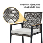 Ensemble de salle à manger de patio 5 pièces toutes saisons, plateau en bois d'acacia avec trou pour parasol, ensemble de conversation d'extérieur en rotin