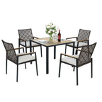 Ensemble de salle à manger de patio 5 pièces toutes saisons, plateau en bois d'acacia avec trou pour parasol, ensemble de conversation d'extérieur en rotin