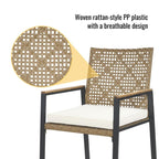 Ensemble de salle à manger de patio 5 pièces toutes saisons, plateau en bois d'acacia avec trou pour parasol, ensemble de conversation d'extérieur en rotin