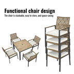 Ensemble de salle à manger de patio 5 pièces toutes saisons, plateau en bois d'acacia avec trou pour parasol, ensemble de conversation d'extérieur en rotin