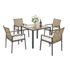 Ensemble de salle à manger de patio 5 pièces toutes saisons, plateau en bois d'acacia avec trou pour parasol, ensemble de conversation d'extérieur en rotin