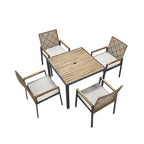 Ensemble de salle à manger de patio 5 pièces toutes saisons, plateau en bois d'acacia avec trou pour parasol, ensemble de conversation d'extérieur en rotin