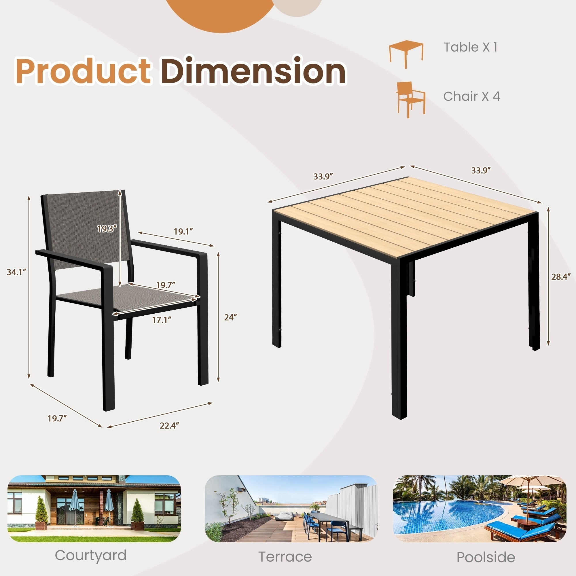Ensemble de salle à manger d'extérieur avec table et chaises empilables en textilène, plateau de table en WPC durable 5 pièces et cadre antirouille pour patio