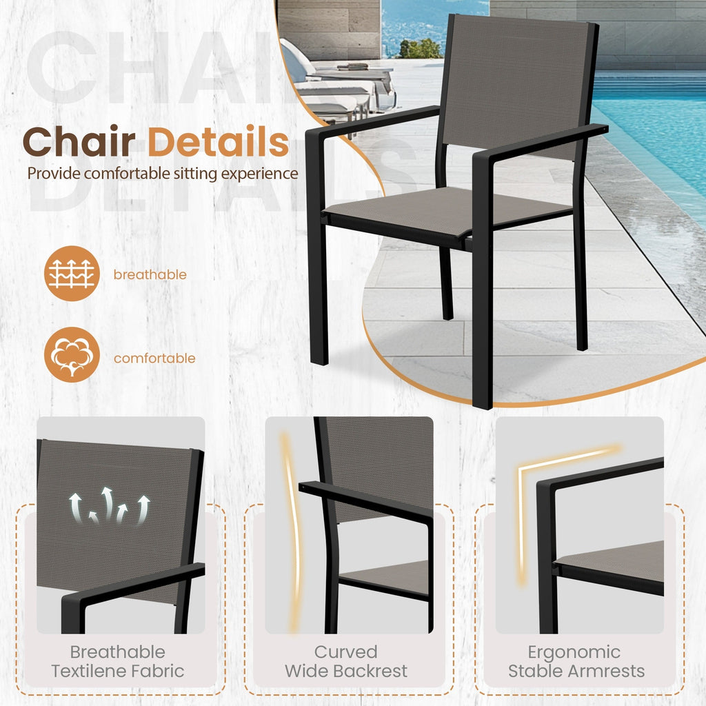 Ensemble de salle à manger d'extérieur avec table et chaises empilables en textilène, plateau de table en WPC durable 5 pièces et cadre antirouille pour patio