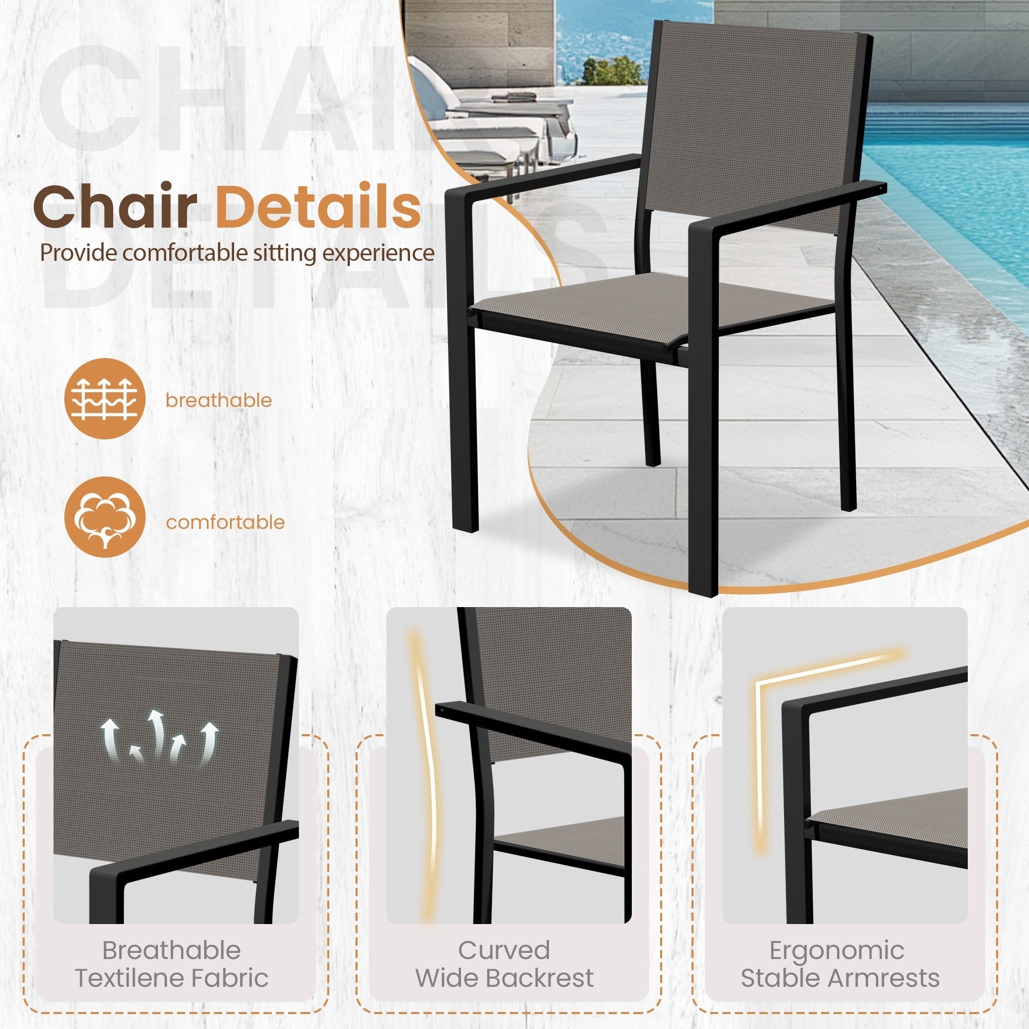 Ensemble de salle à manger d'extérieur avec table et chaises empilables en textilène, plateau de table en WPC durable 5 pièces et cadre antirouille pour patio