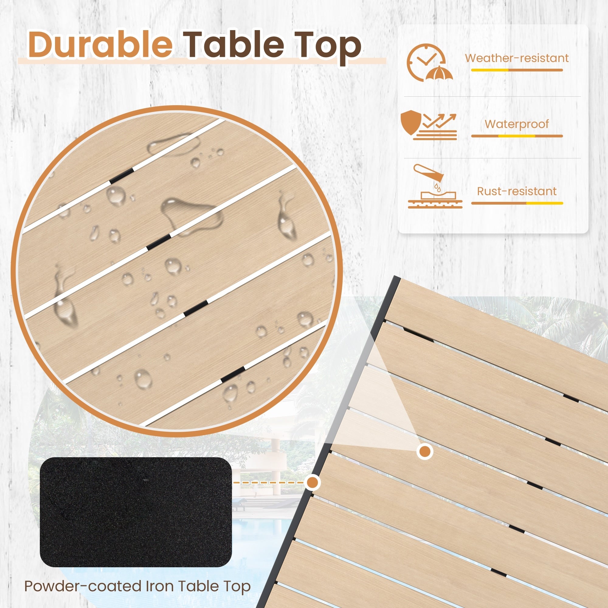 Ensemble de salle à manger d'extérieur avec table et chaises empilables en textilène, plateau de table en WPC durable 5 pièces et cadre antirouille pour patio
