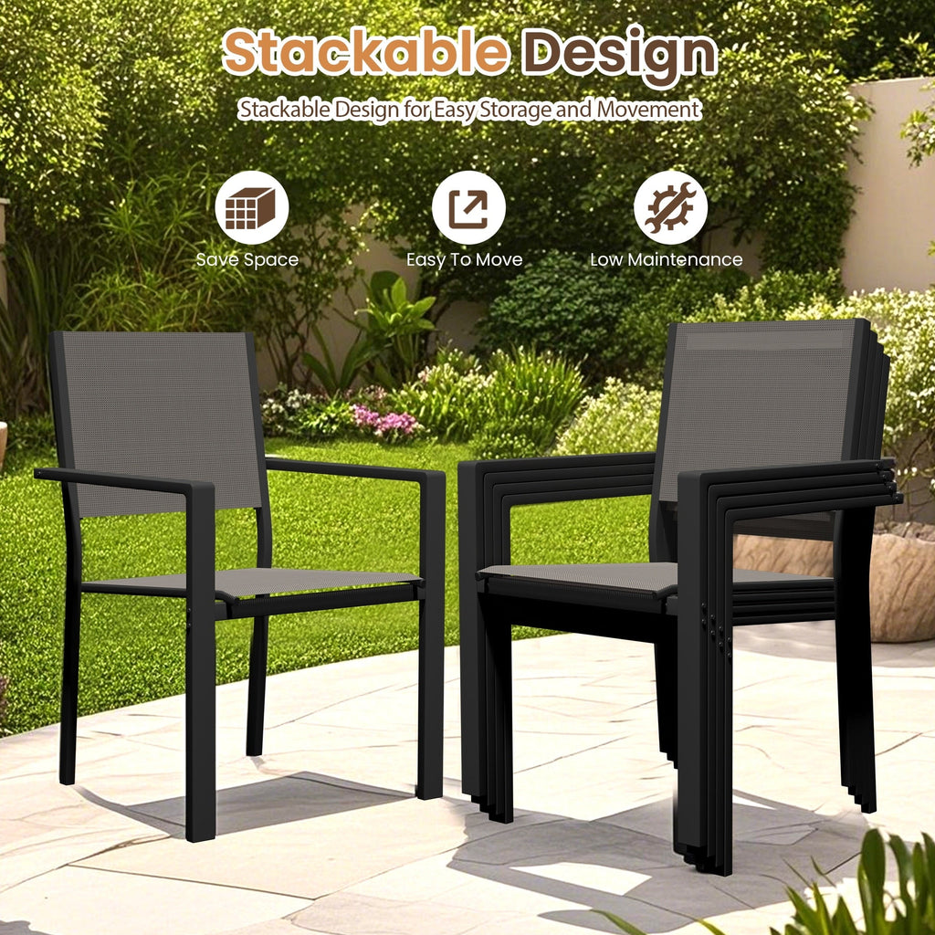Ensemble de salle à manger d'extérieur avec table et chaises empilables en textilène, plateau de table en WPC durable 5 pièces et cadre antirouille pour patio