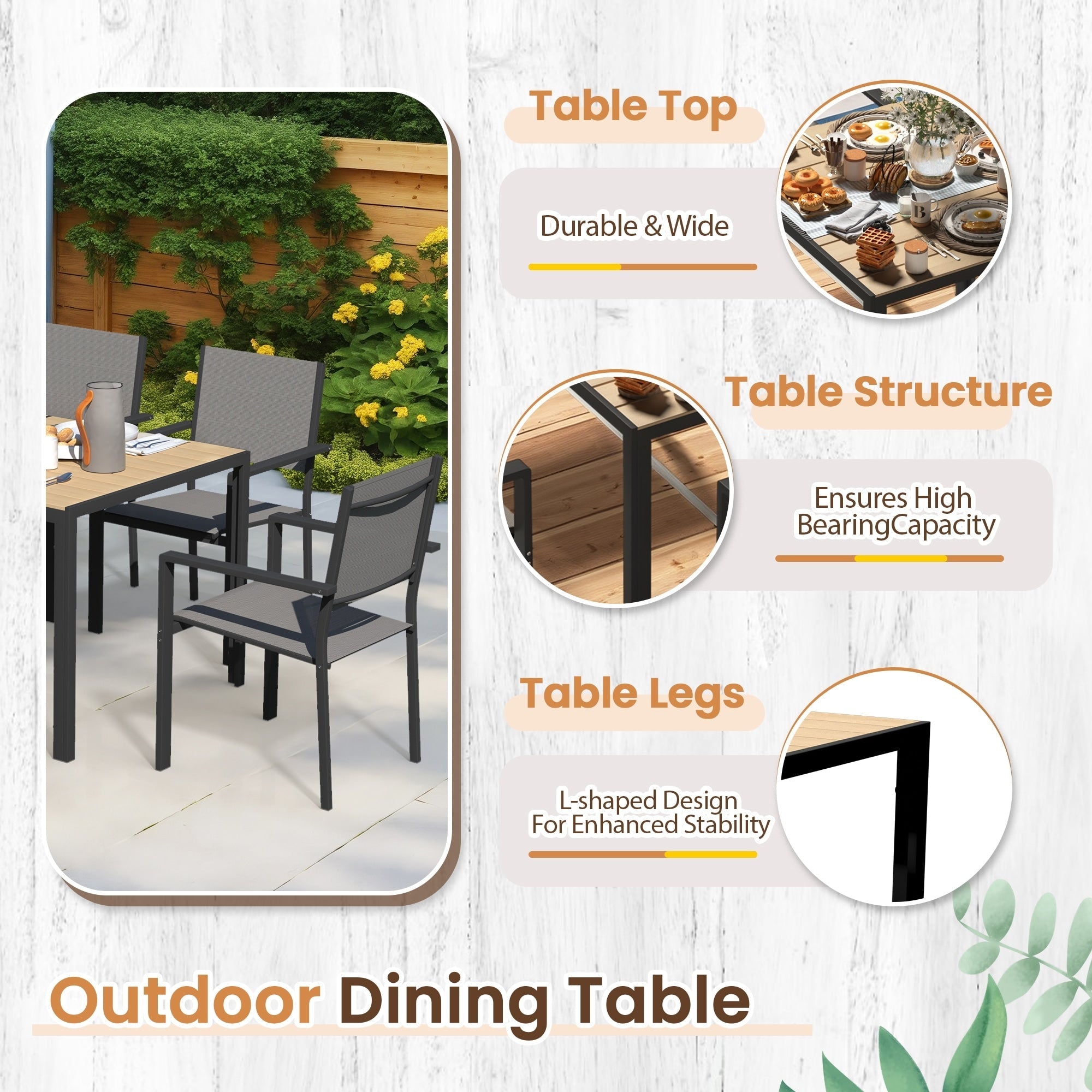 Ensemble de salle à manger d'extérieur avec table et chaises empilables en textilène, plateau de table en WPC durable 5 pièces et cadre antirouille pour patio