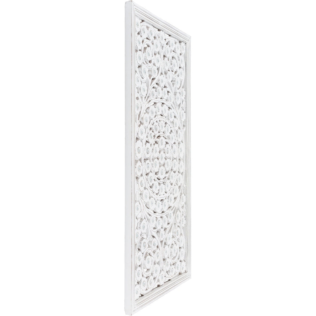 Panneau mural Allen blanc lavé sculpté à la main 48 x 28 pouces avec incrustation de miroir