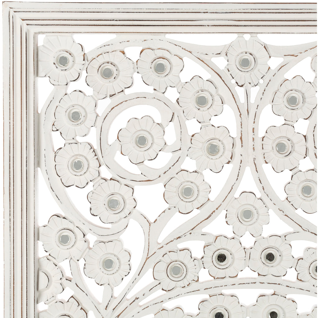 Panneau mural Allen blanc lavé sculpté à la main 48 x 28 pouces avec incrustation de miroir