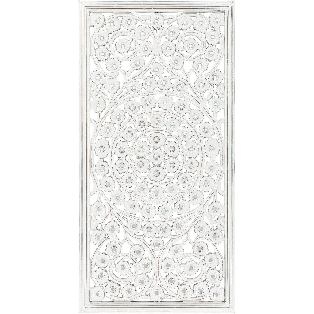 Panneau mural Allen blanc lavé sculpté à la main 48 x 28 pouces avec incrustation de miroir