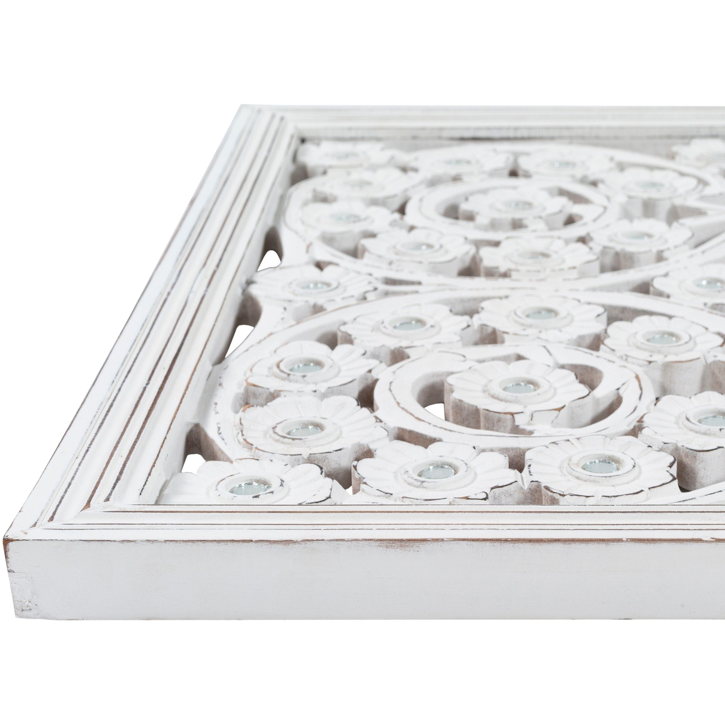 Panneau mural Allen blanc lavé sculpté à la main 48 x 28 pouces avec incrustation de miroir