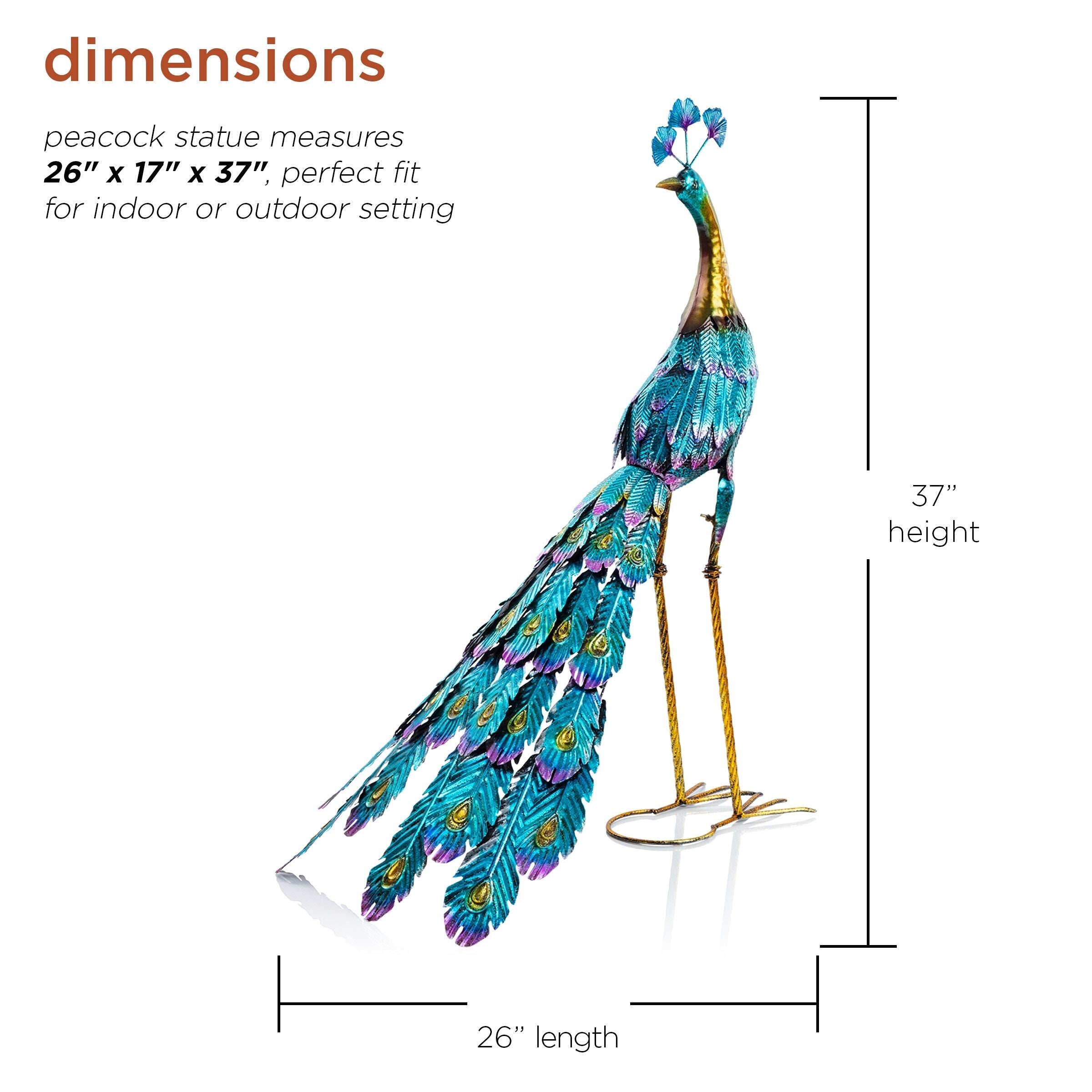 Statue de paon métallique d'extérieur de grande taille, multicolore, pour décoration de jardin