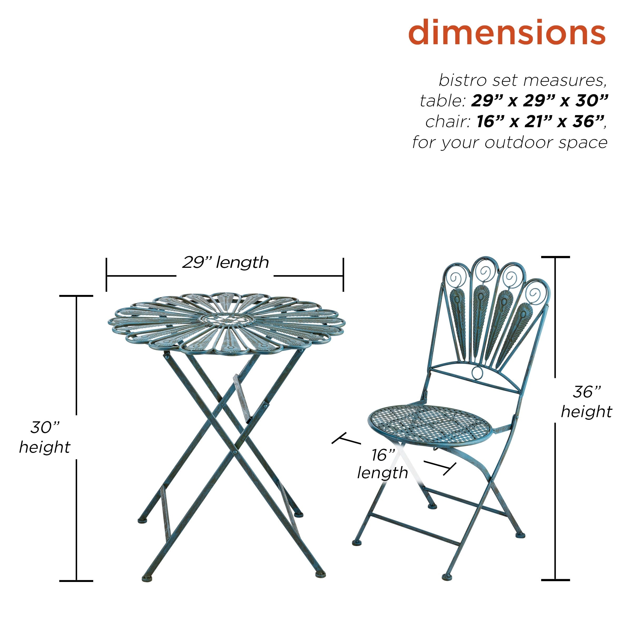 Ensemble bistrot rustique en métal 3 pièces pour intérieur/extérieur, motif plumes de paon, bleu clair, Alpine Corporation