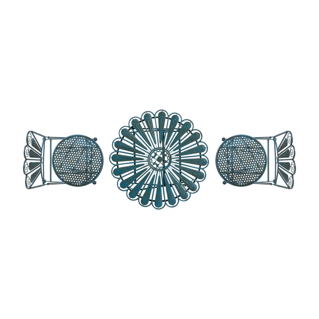 Ensemble bistrot rustique en métal 3 pièces pour intérieur/extérieur, motif plumes de paon, bleu clair, Alpine Corporation