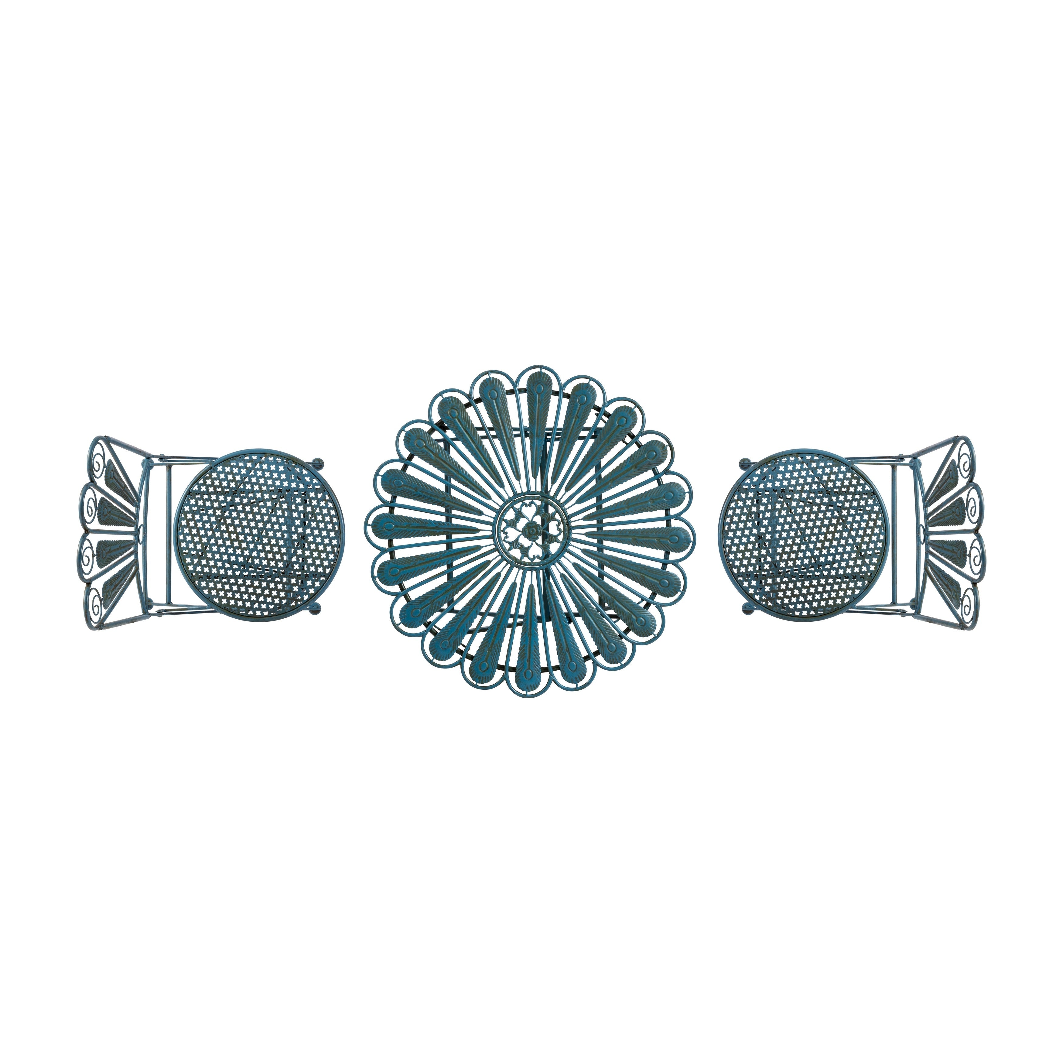 Ensemble bistrot rustique en métal 3 pièces pour intérieur/extérieur, motif plumes de paon, bleu clair, Alpine Corporation