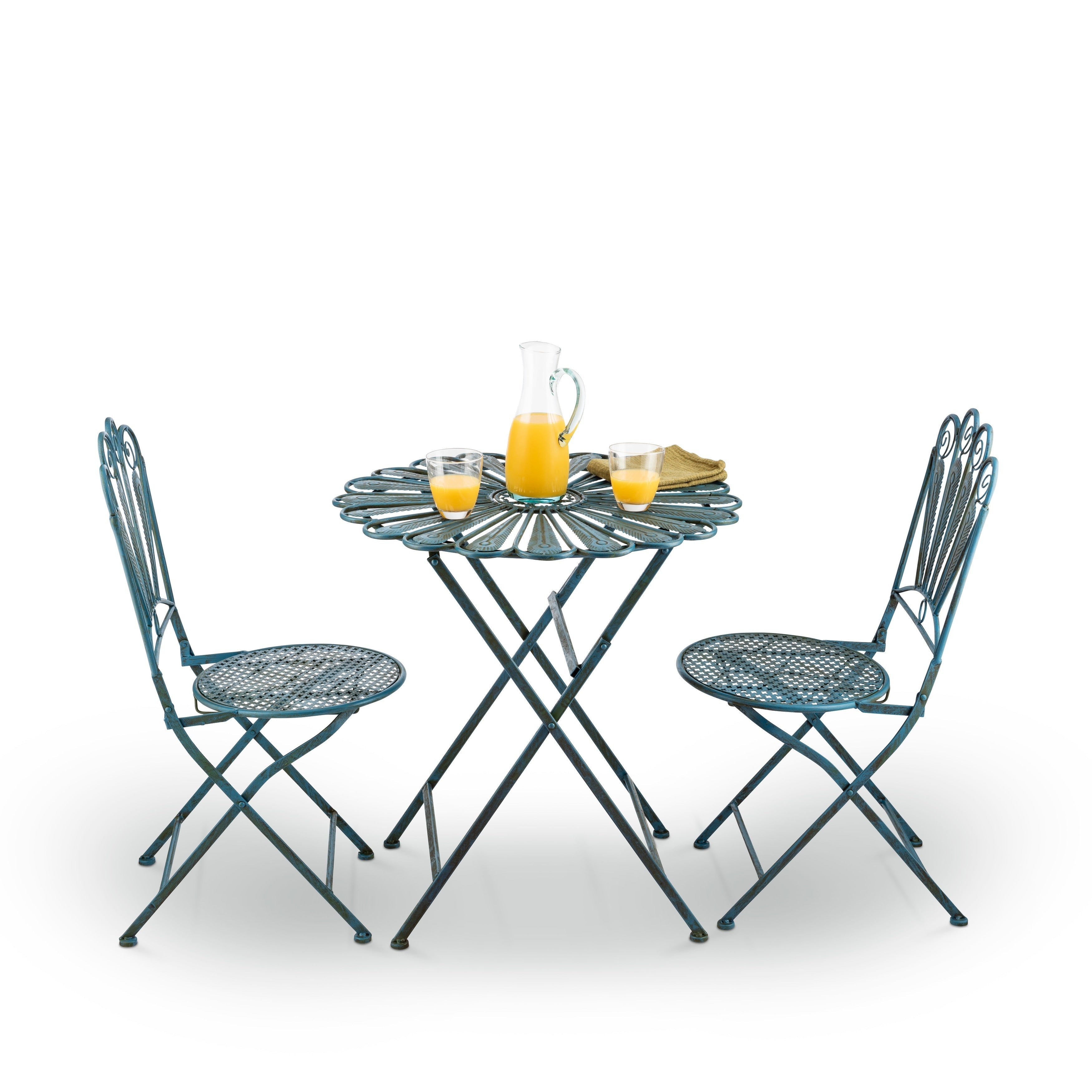 Ensemble bistrot rustique en métal 3 pièces pour intérieur/extérieur, motif plumes de paon, bleu clair, Alpine Corporation