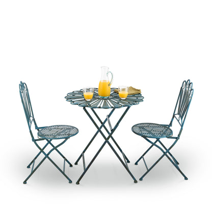Ensemble bistrot rustique en métal 3 pièces pour intérieur/extérieur, motif plumes de paon, bleu clair, Alpine Corporation