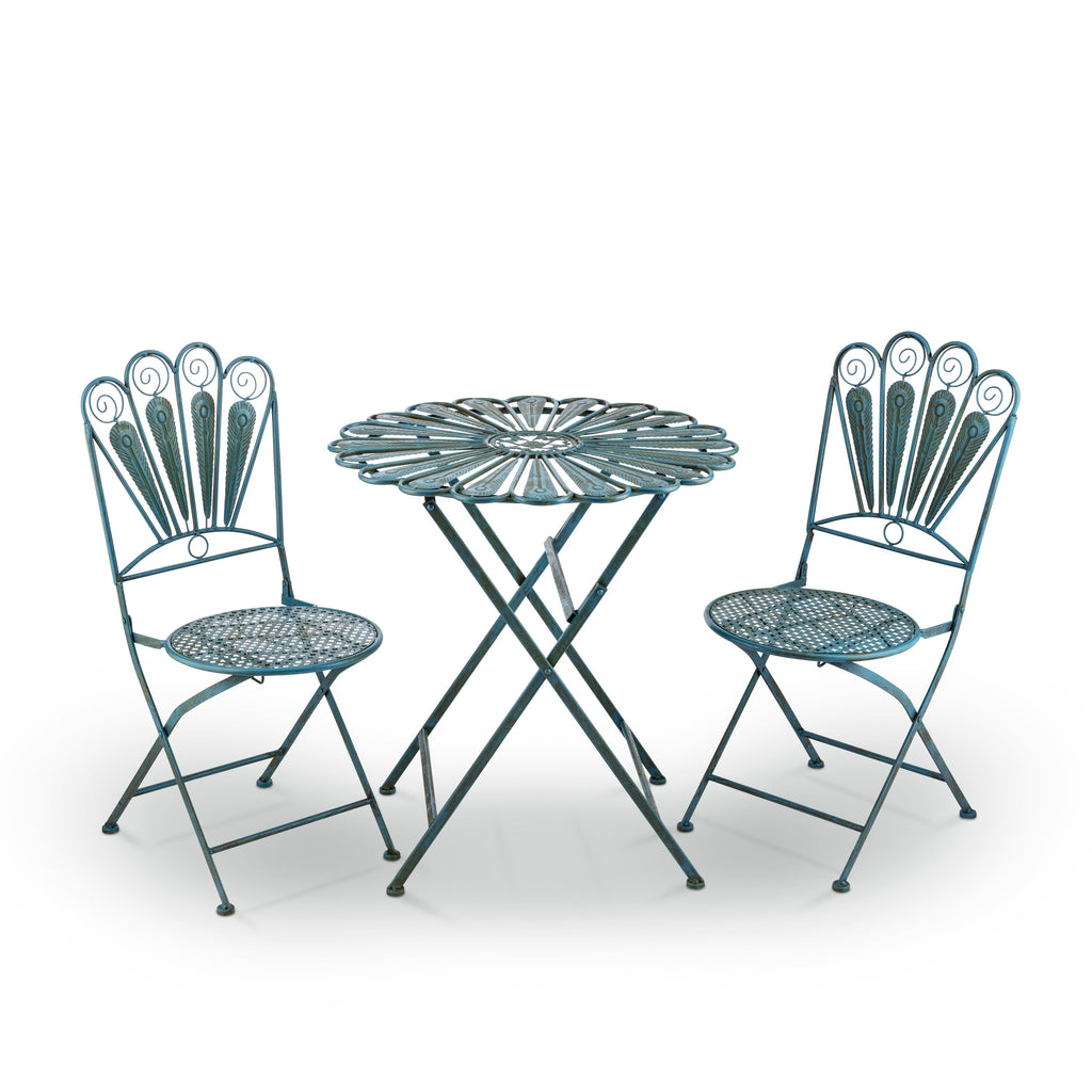 Ensemble bistrot rustique en métal 3 pièces pour intérieur/extérieur, motif plumes de paon, bleu clair, Alpine Corporation