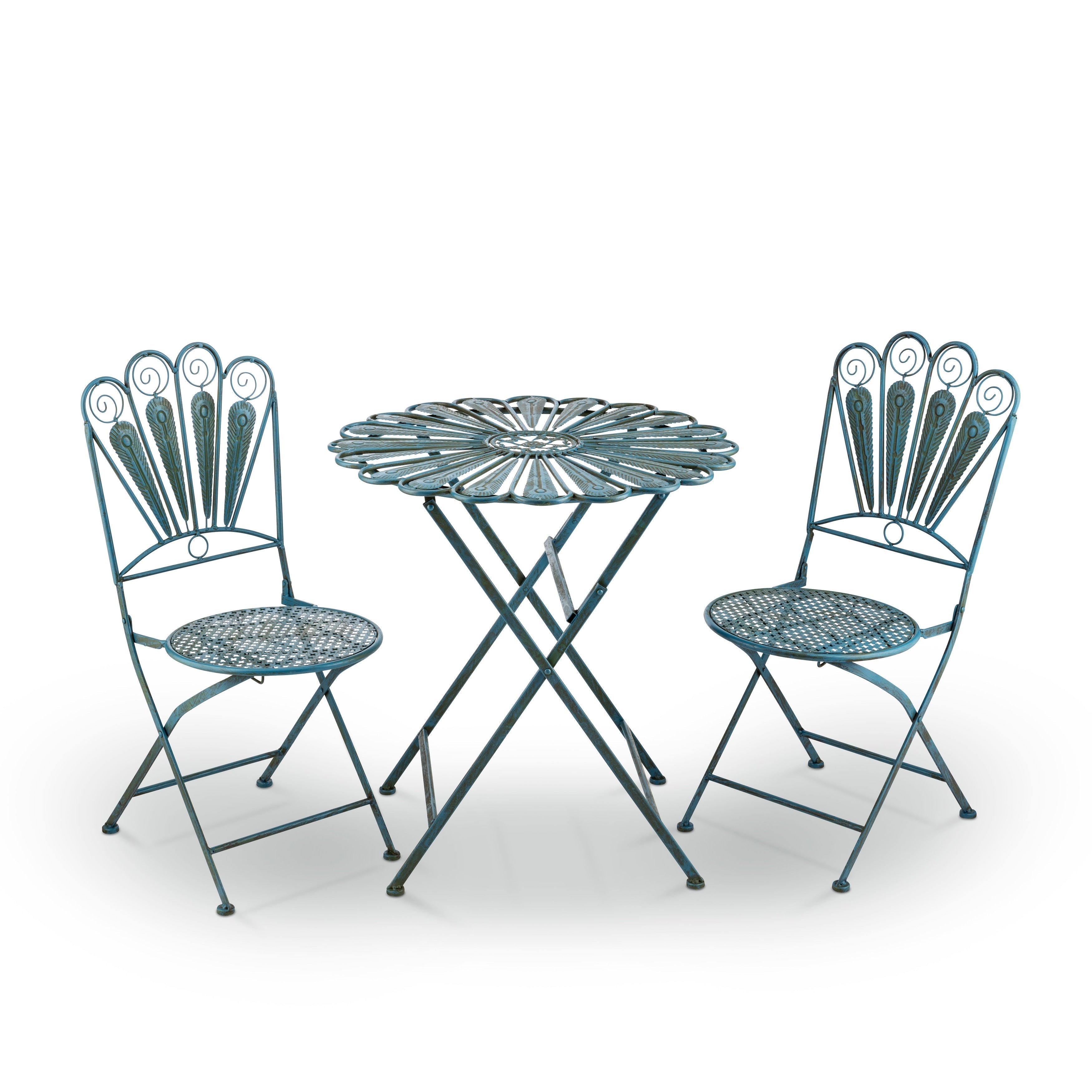 Ensemble bistrot rustique en métal 3 pièces pour intérieur/extérieur, motif plumes de paon, bleu clair, Alpine Corporation