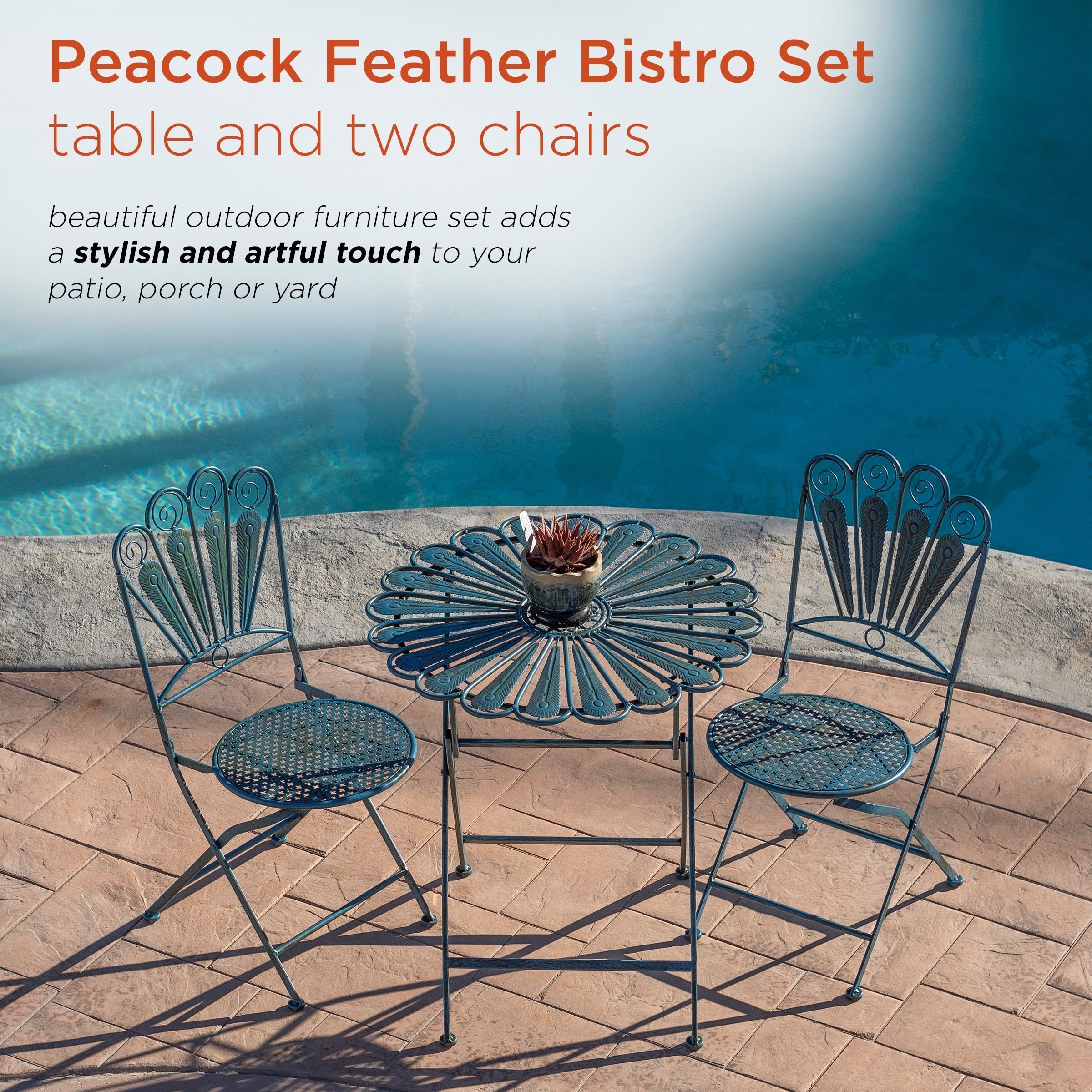 Ensemble bistrot rustique en métal 3 pièces pour intérieur/extérieur, motif plumes de paon, bleu clair, Alpine Corporation