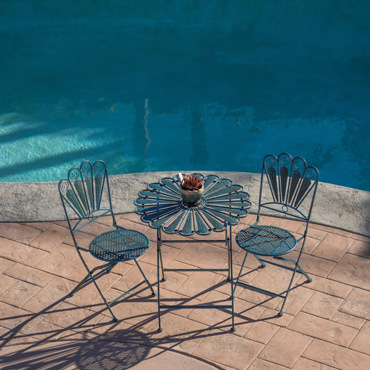 Ensemble bistrot rustique en métal 3 pièces pour intérieur/extérieur, motif plumes de paon, bleu clair, Alpine Corporation