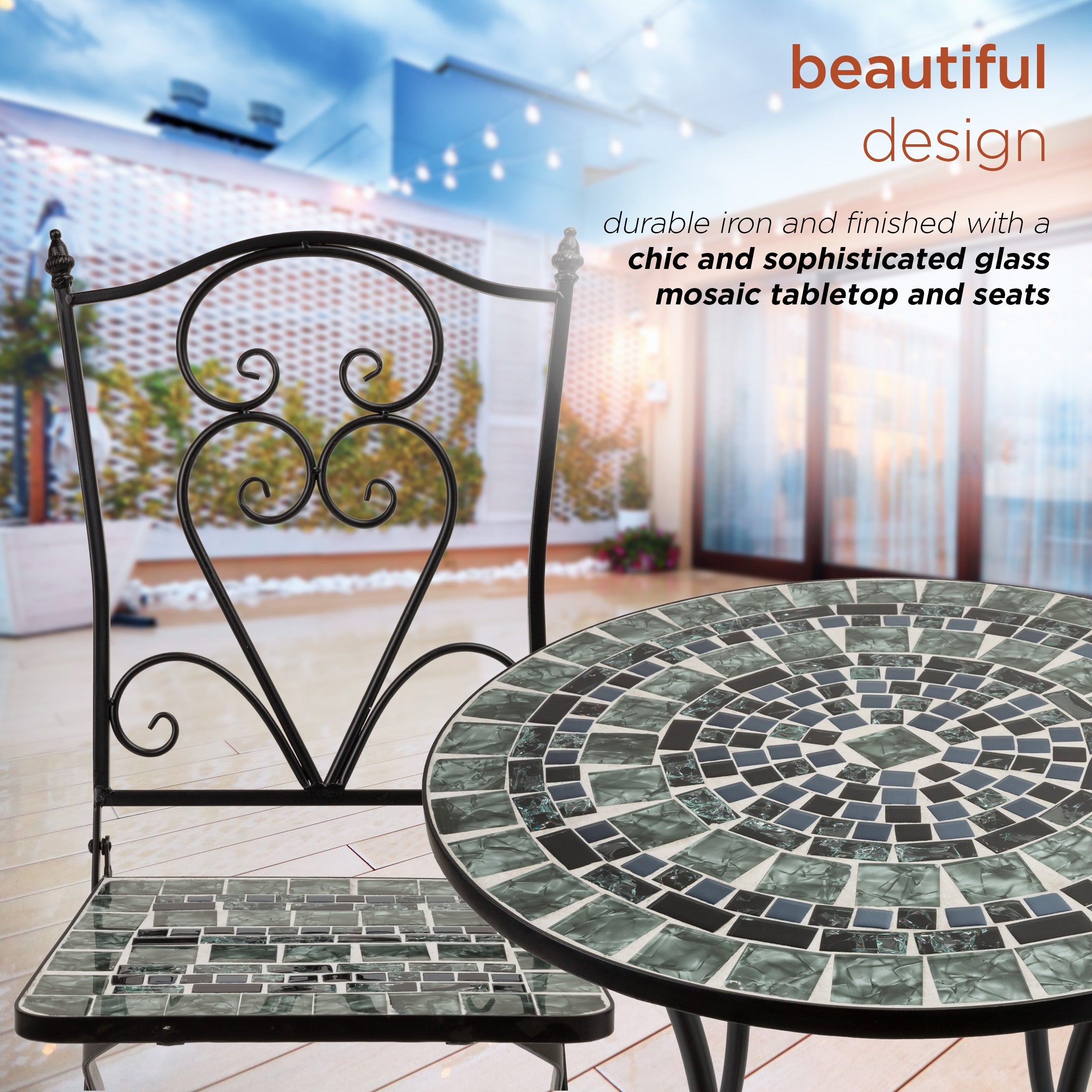 Ensemble bistrot 3 pièces en mosaïque de verre marbré intérieur/extérieur Alpine Corporation, table et chaises pliantes, sièges de patio