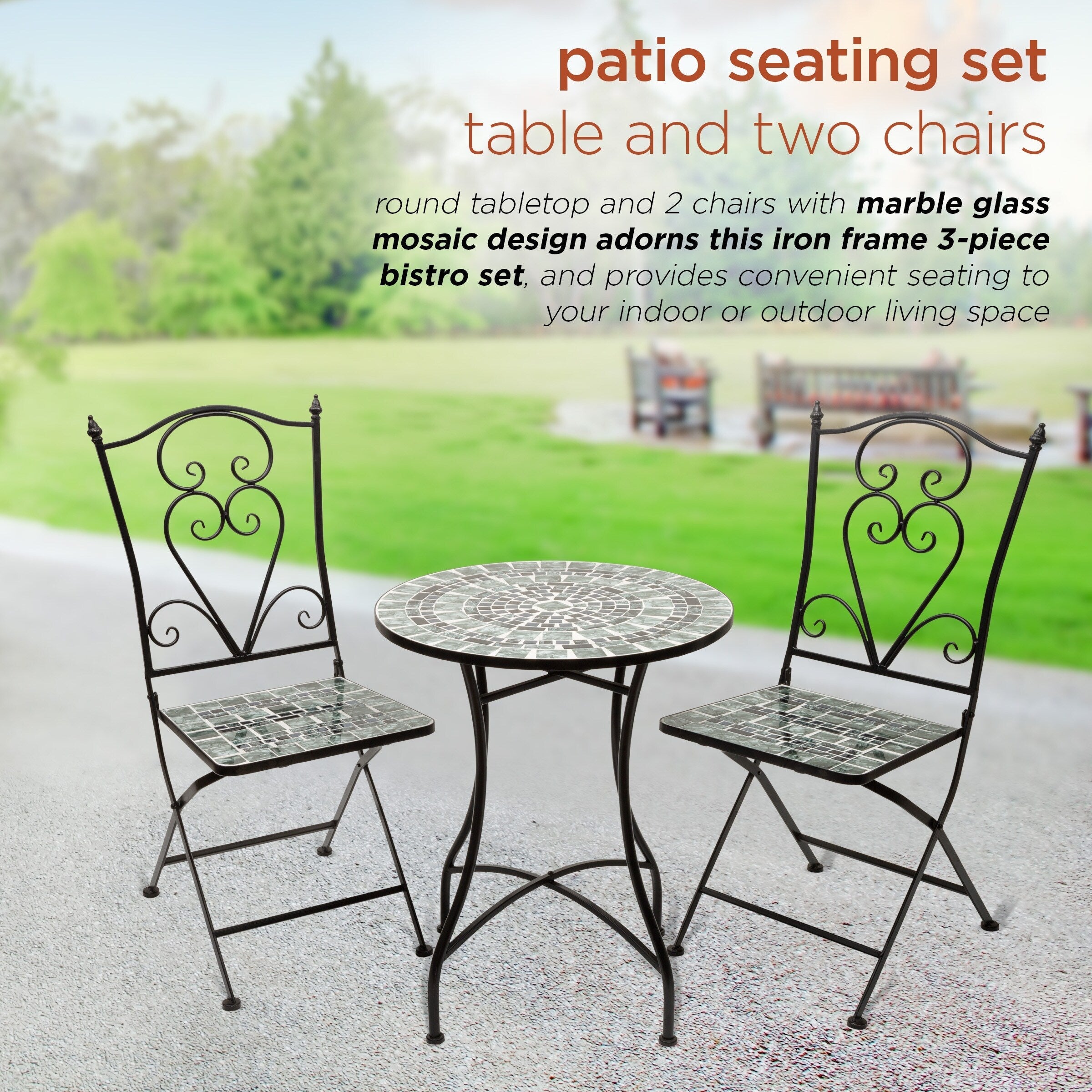 Ensemble bistrot 3 pièces en mosaïque de verre marbré intérieur/extérieur Alpine Corporation, table et chaises pliantes, sièges de patio