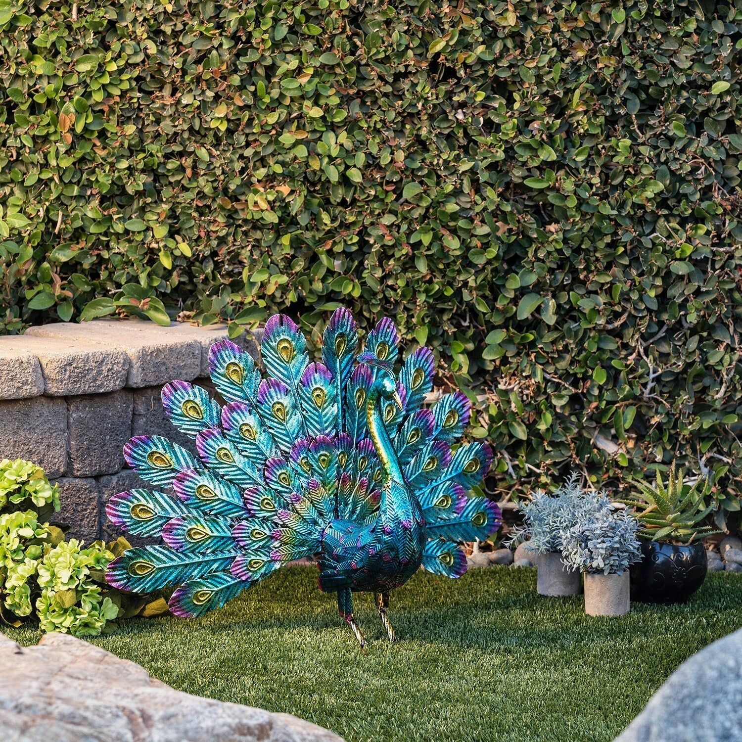 Statue de paon métallique d'extérieur de grande taille, multicolore, pour décoration de jardin