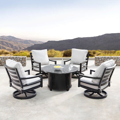 Ensemble de table à feu en aluminium de 44 po avec quatre chaises pivotantes et accessoires